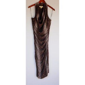 Michael Kors Women's Medium Brown Midi Dress Snakeskin Scoop Neck Stretch Sheath
